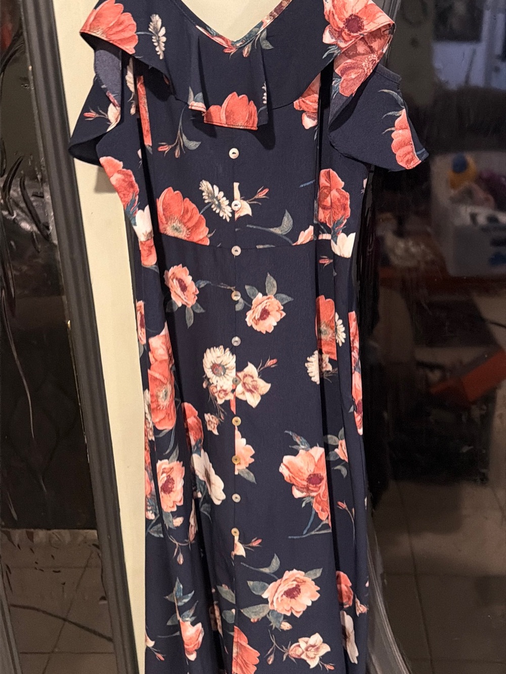 Altar'd State Navy Floral Maxi Dress with Coral Blooms